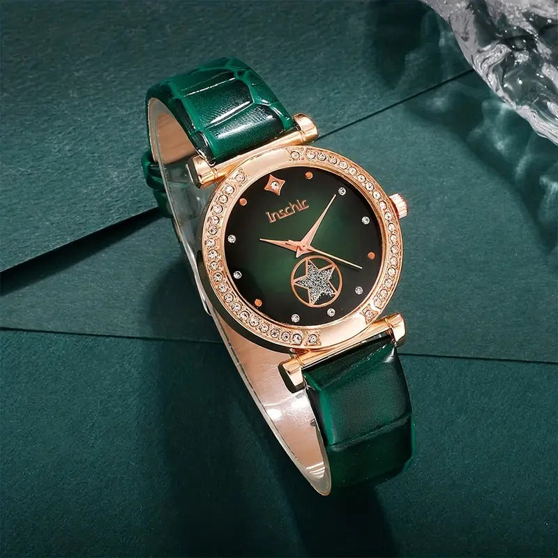 6PCS Women’s Luxury Rhinestone Quartz Watch Set – Vintage Star Analog Wrist Watch & Jewelry Combo