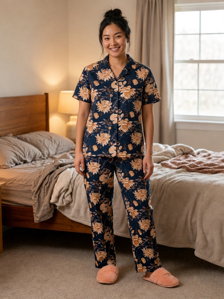 Use descriptive text for your images, such as: "Woman wearing floral printed 2-piece short sleeve collared loungewear set in UAE