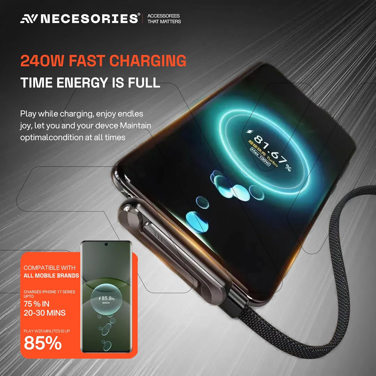🔋 240W Fast Charger Cable with Mobile Holder Stand