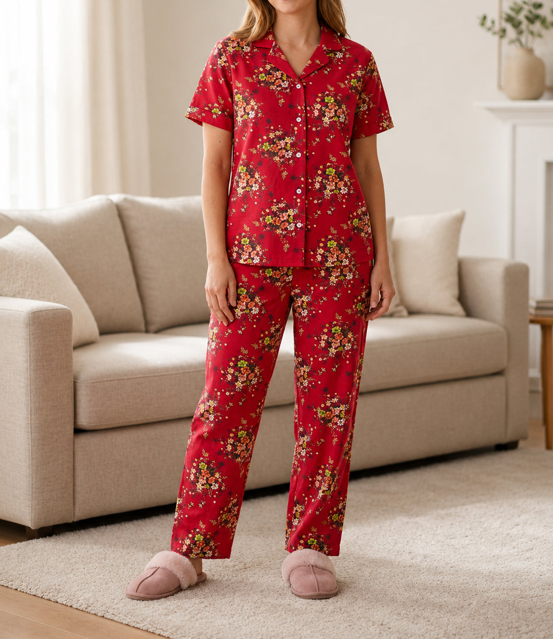 Women's Floral Printed 2 Piece Tracksuit Ladies Short Sleeve Collared Neck 5 Button Comfortable Fit Night Wear Co-Ord Set