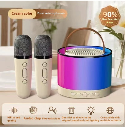 Portable Bluetooth karaoke speaker system with dual wireless mics, RGB lights, and rechargeable design, ideal for party and family entertainment.