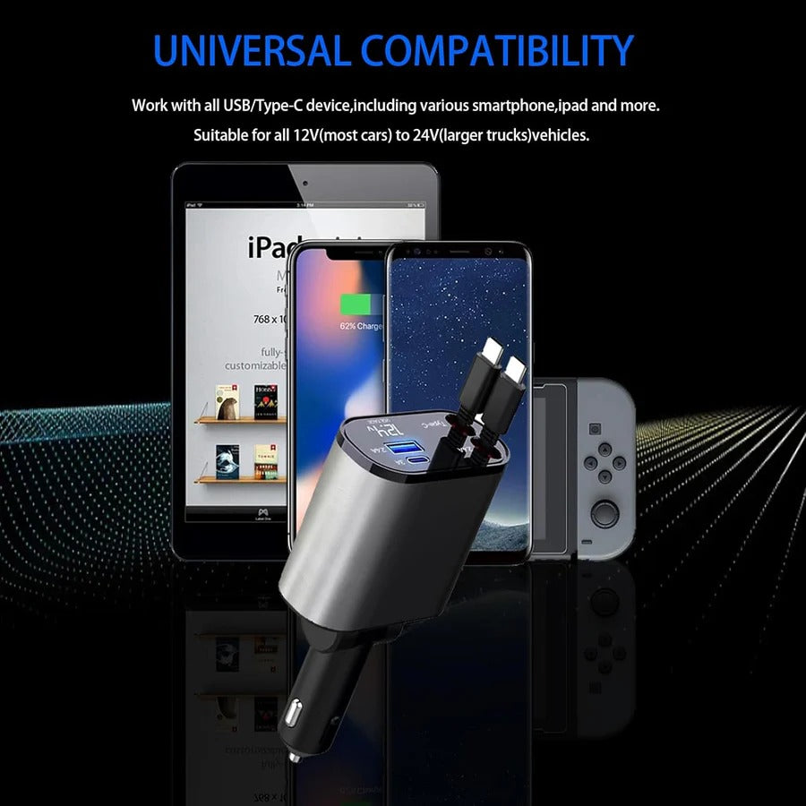 Premium 4-in-1 Car Fast Charger – Retractable Design + Real-Time Voltage Display 🚗⚡