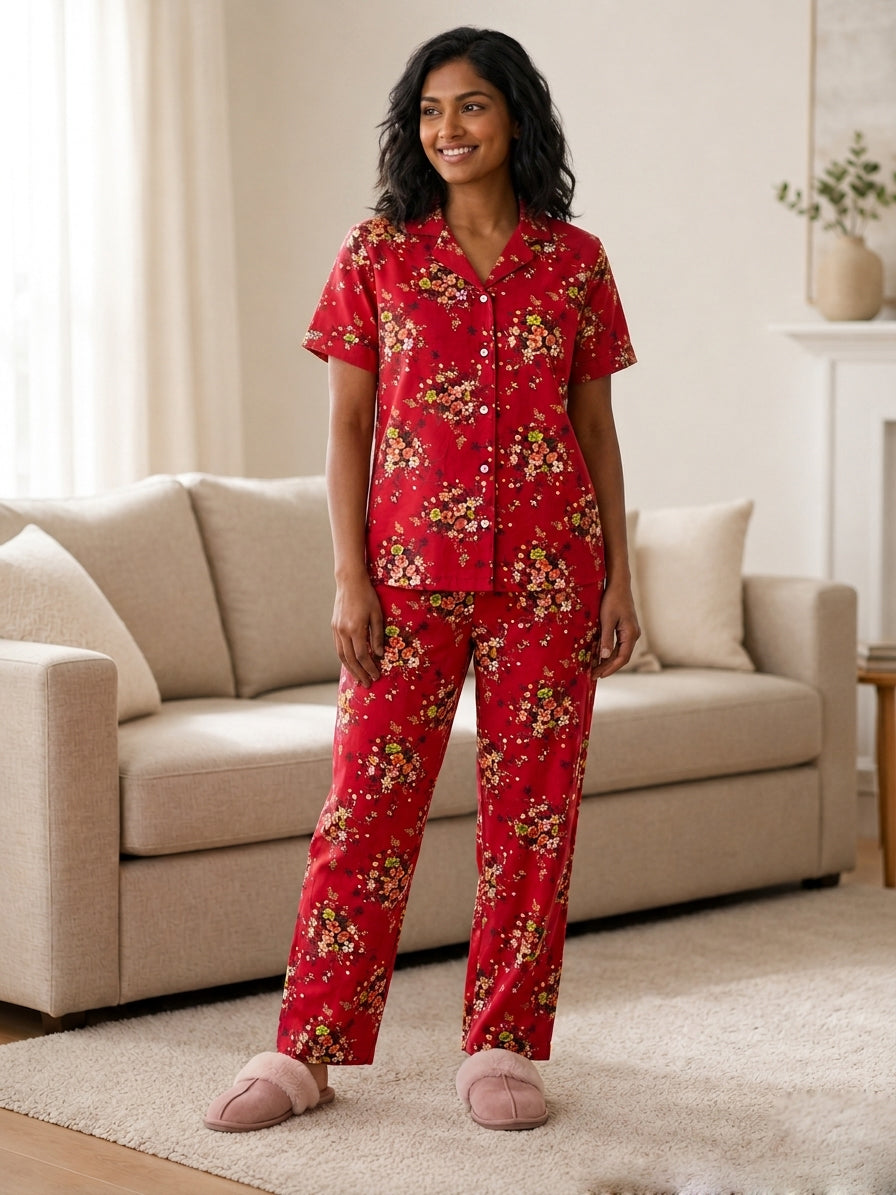 Women's Floral Printed 2 Piece Tracksuit Ladies Short Sleeve Collared Neck 5 Button Comfortable Fit Night Wear Co-Ord Set