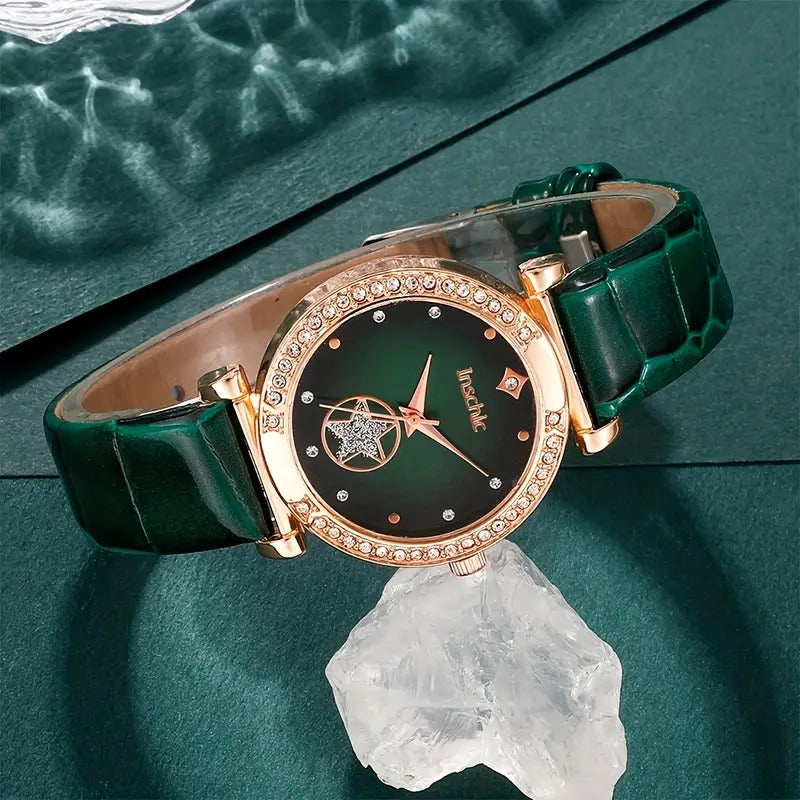 6PCS Women’s Luxury Rhinestone Quartz Watch Set – Vintage Star Analog Wrist Watch & Jewelry Combo