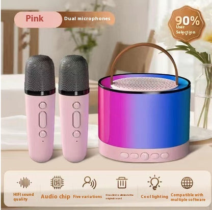 Portable Bluetooth karaoke speaker system with dual wireless mics, RGB lights, and rechargeable design, ideal for party and family entertainment.
