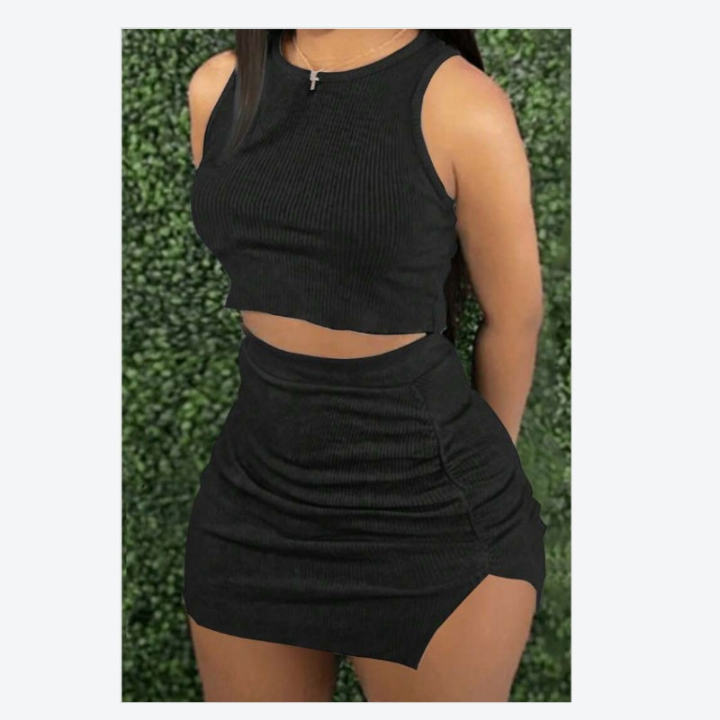 Vibrant ribbed sleeveless crop top and matching bodycon mini skirt set for women, perfect for trendy summer fashion and casual events in the UAE.