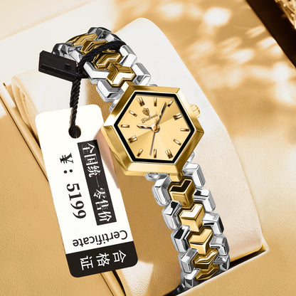 Elegant women's octagonal quartz watch with a striking green dial and luxury gold bracelet by FASHIONARIE CLUB.