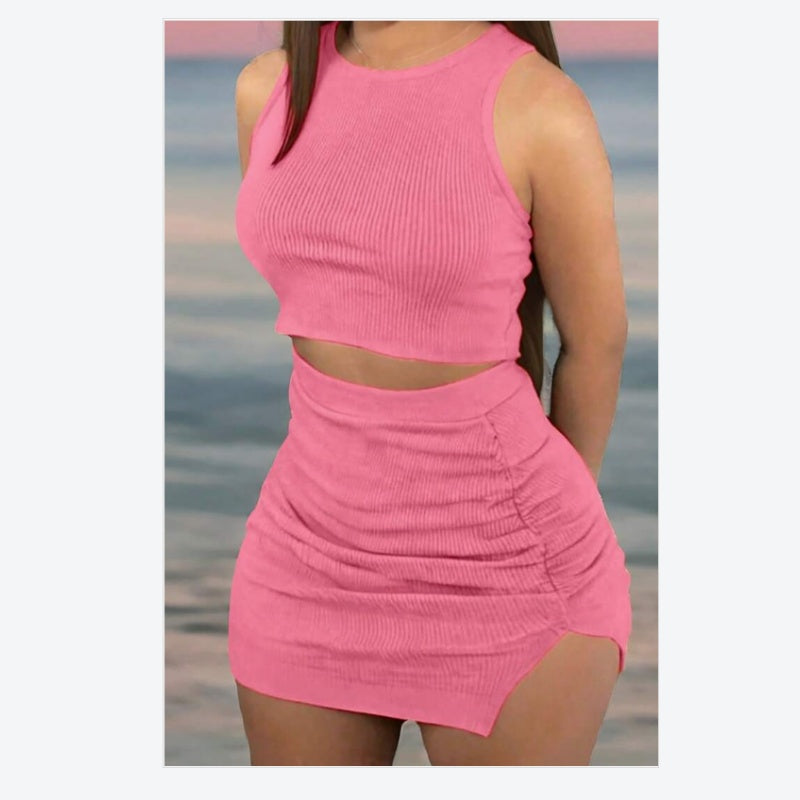 Ribbed sleeveless crop top and matching bodycon mini skirt set for women, perfect for trendy summer fashion and casual events in the UAE.