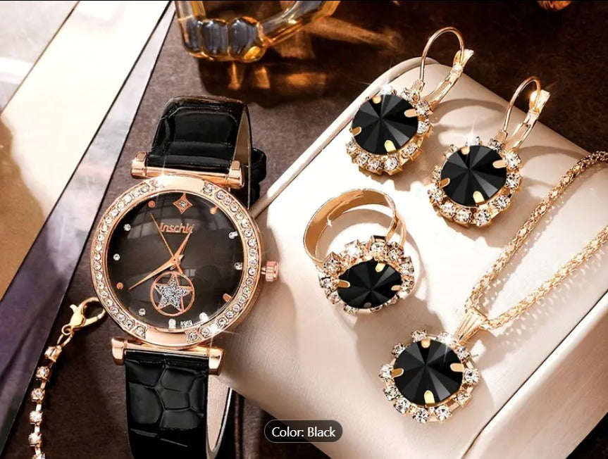 6PCS Women’s Luxury Rhinestone Quartz Watch Set – Vintage Star Analog Wrist Watch & Jewelry Combo