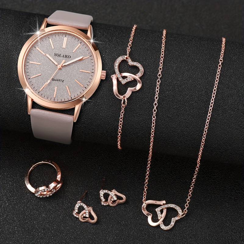 6PCS Women’s Watch & Jewelry Set – Shiny Quartz Analog PU Leather Wrist Watch Combo
