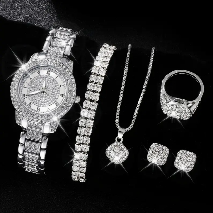 6PCS Women’s Butterfly Watch & Jewelry Set – Elegant Quartz Rhinestone Sparkling Wrist Watch