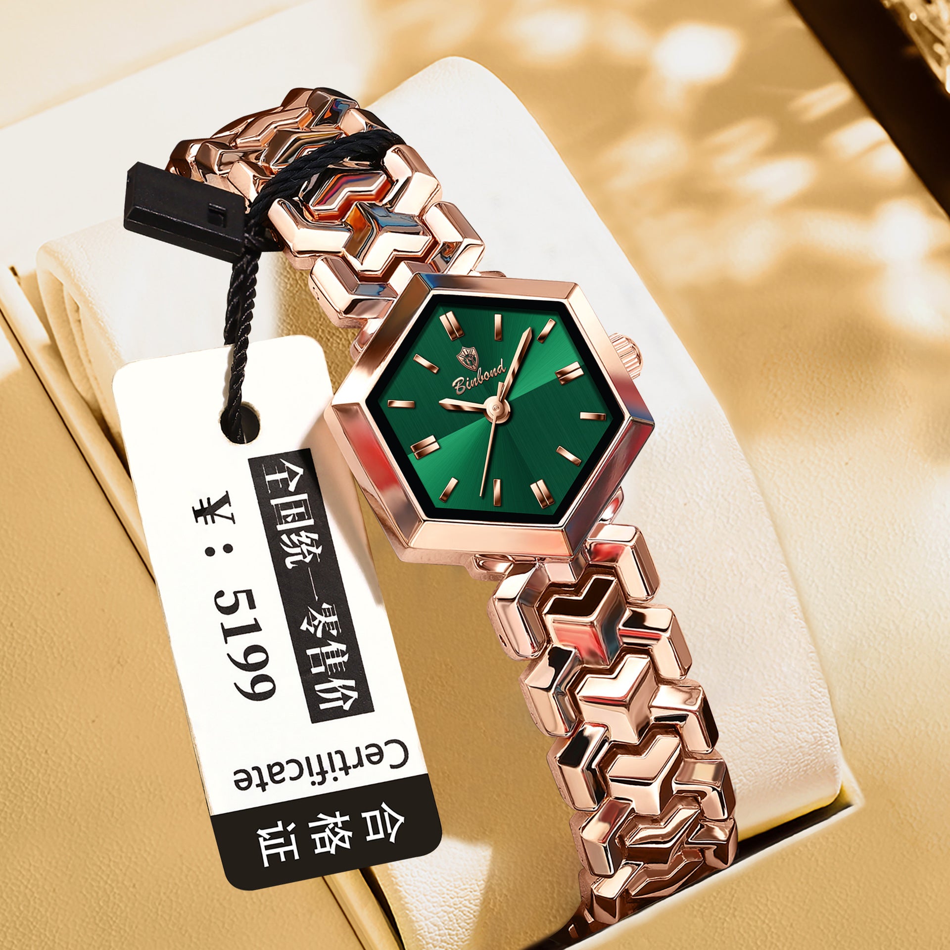 Elegant women's octagonal quartz watch with a striking green dial and luxury gold bracelet by FASHIONARIE CLUB.
