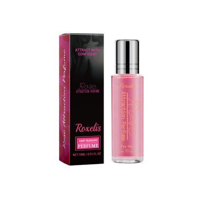 Roxelis Rose Attraction Perfume for women, a 15ml portable natural floral fragrance spray in a stylish black and pink box, perfect for daily use and long-lasting freshness.