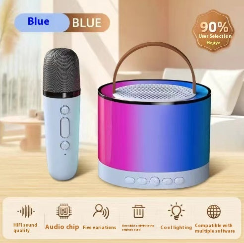 Portable Bluetooth karaoke speaker system with dual wireless mics, RGB lights, and rechargeable design, ideal for party and family entertainment.