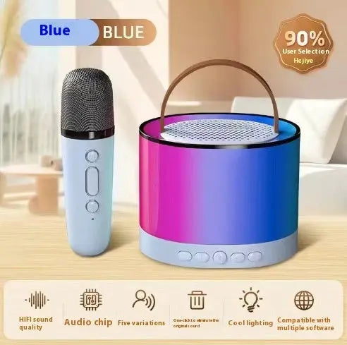 Portable Bluetooth karaoke speaker system with dual wireless mics, RGB lights, and rechargeable design, ideal for party and family entertainment.