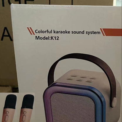 Portable Bluetooth karaoke speaker system with dual wireless mics, RGB lights, and rechargeable design, ideal for party and family entertainment.