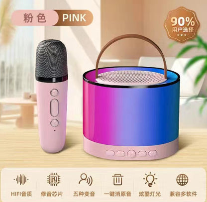 Portable Bluetooth karaoke speaker system with dual wireless mics, RGB lights, and rechargeable design, ideal for party and family entertainment.