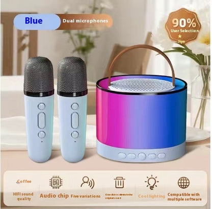 Portable Bluetooth karaoke speaker system with dual wireless mics, RGB lights, and rechargeable design, ideal for party and family entertainment.