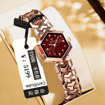 Elegant women's octagonal quartz watch with a striking green dial and luxury gold bracelet by FASHIONARIE CLUB.