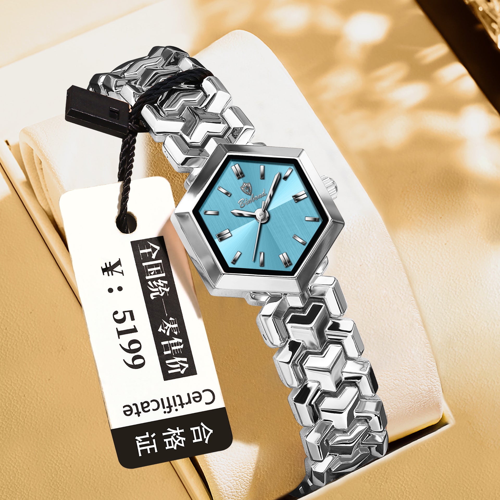 Elegant women's octagonal quartz watch with a striking green dial and luxury gold bracelet by FASHIONARIE CLUB.