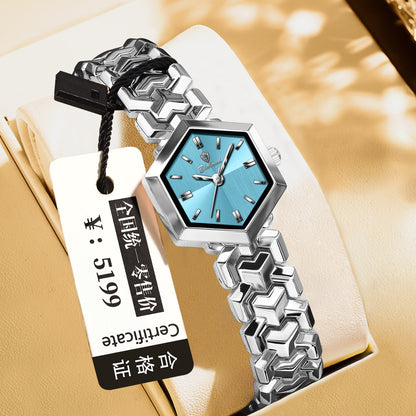 Elegant women's octagonal quartz watch with a striking green dial and luxury gold bracelet by FASHIONARIE CLUB.