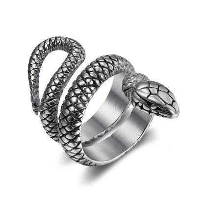 Close-up of a durable titanium steel men's ring featuring an intricate snake-shaped design, perfect for bold fashion and gothic-style accessories in the UAE.