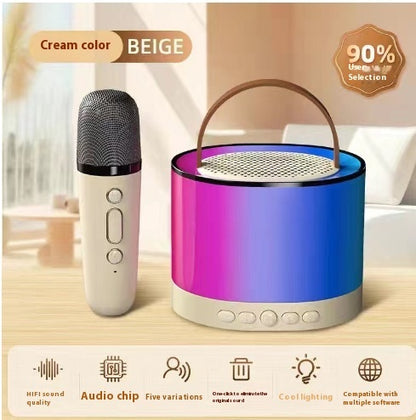 Portable Bluetooth karaoke speaker system with dual wireless mics, RGB lights, and rechargeable design, ideal for party and family entertainment.