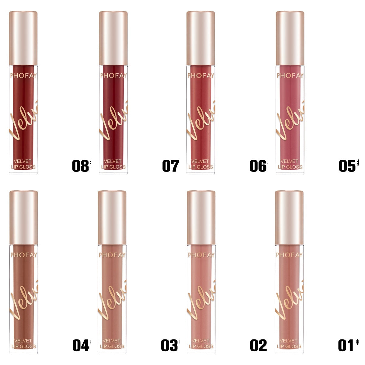 PHOFAY velvet lip gloss featuring a smooth matte finish in a elegant tube, perfect for long-lasting daily makeup, beauty looks, and stylish lip care in the UAE.
