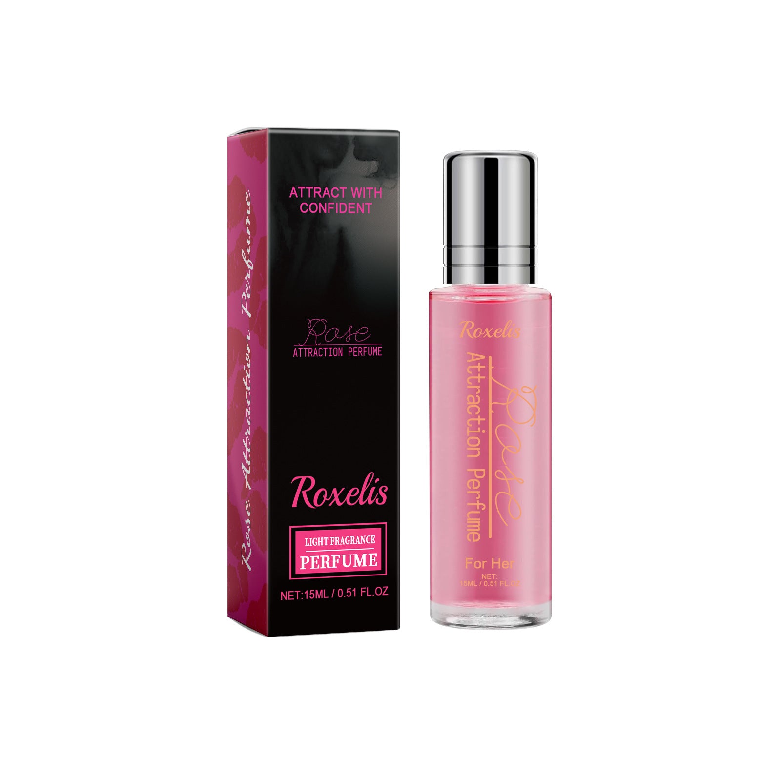 Roxelis Rose Attraction Perfume for women, a 15ml portable natural floral fragrance spray in a stylish black and pink box, perfect for daily use and long-lasting freshness.