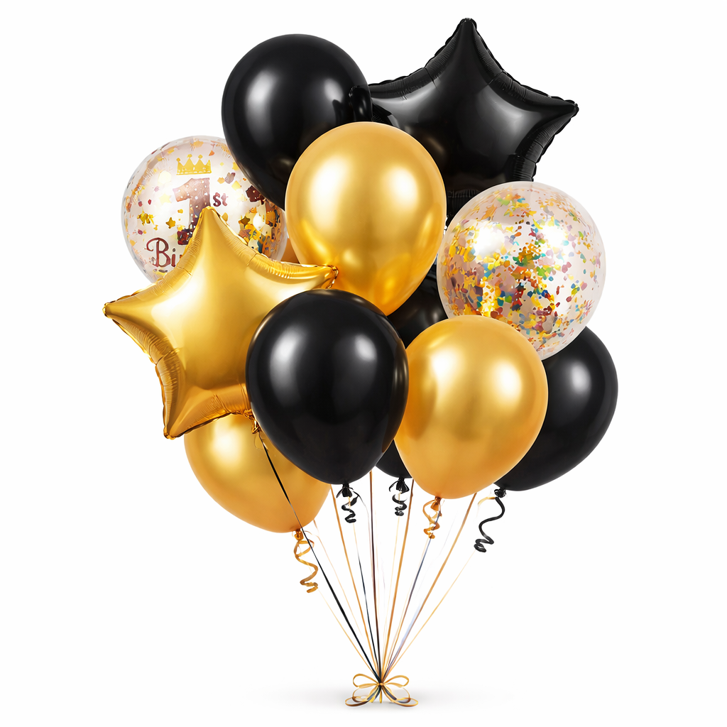 Black & Gold Balloon Bouquet Set – Foil & Latex Party Decoration