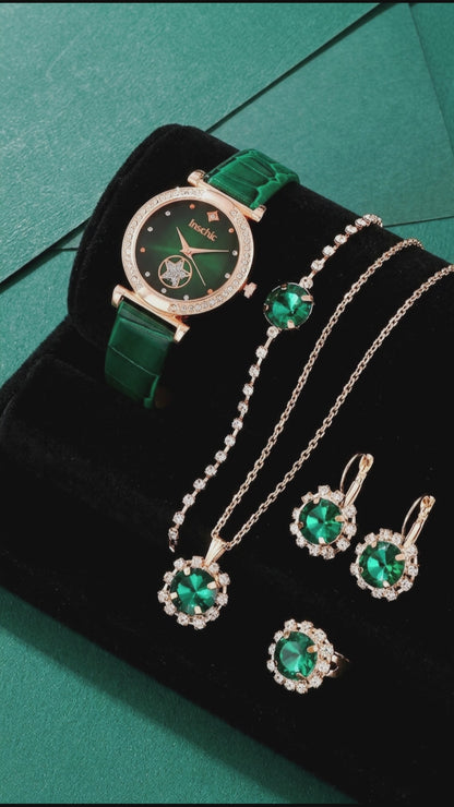 6PCS Women’s Luxury Rhinestone Quartz Watch Set – Vintage Star Analog Wrist Watch & Jewelry Combo