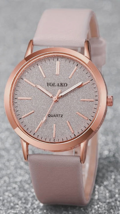 6PCS Women’s Watch & Jewelry Set – Shiny Quartz Analog PU Leather Wrist Watch Combo